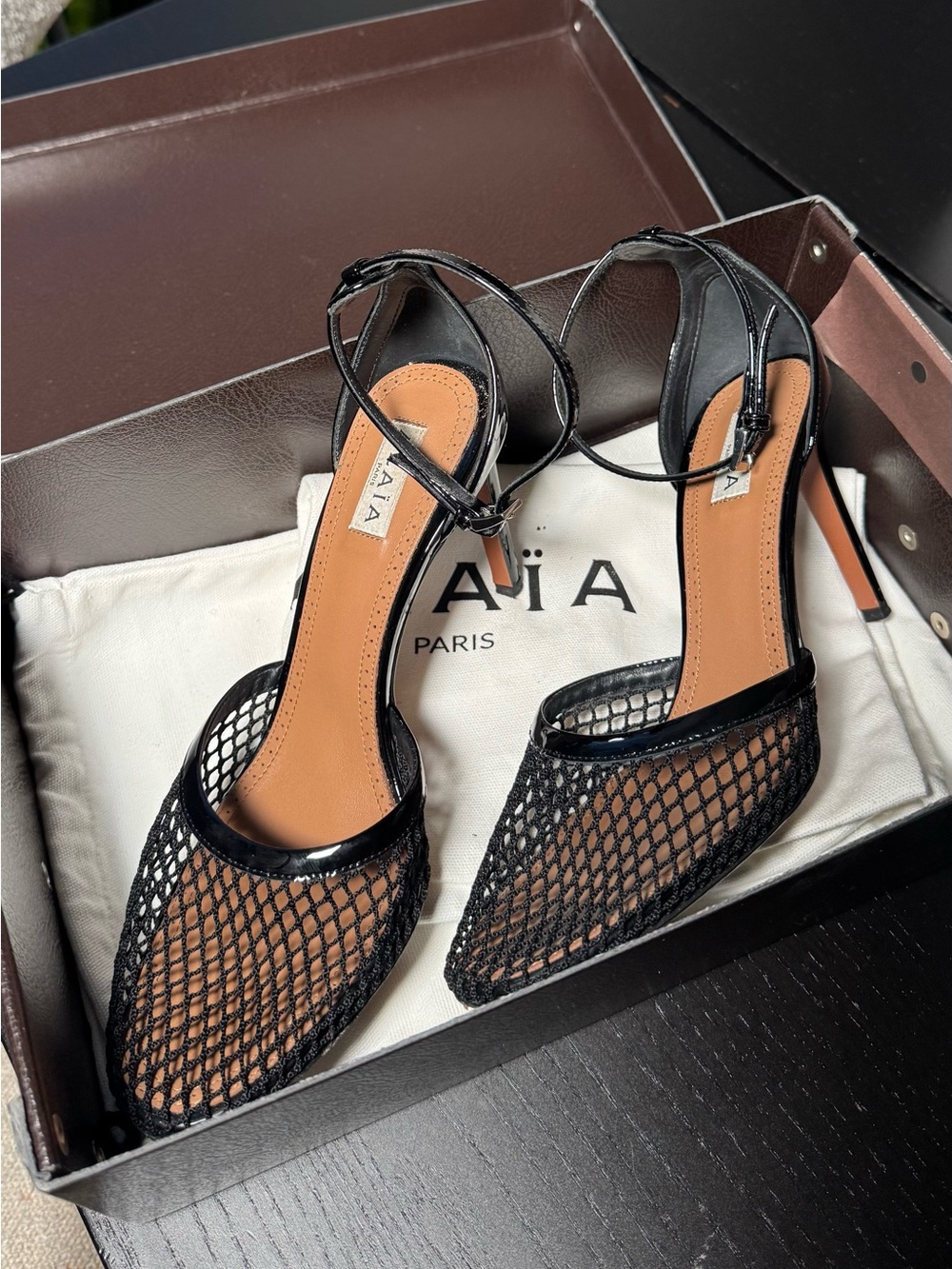 Alaia Black Mesh Pointed-Toe Ankle-Strap Heels